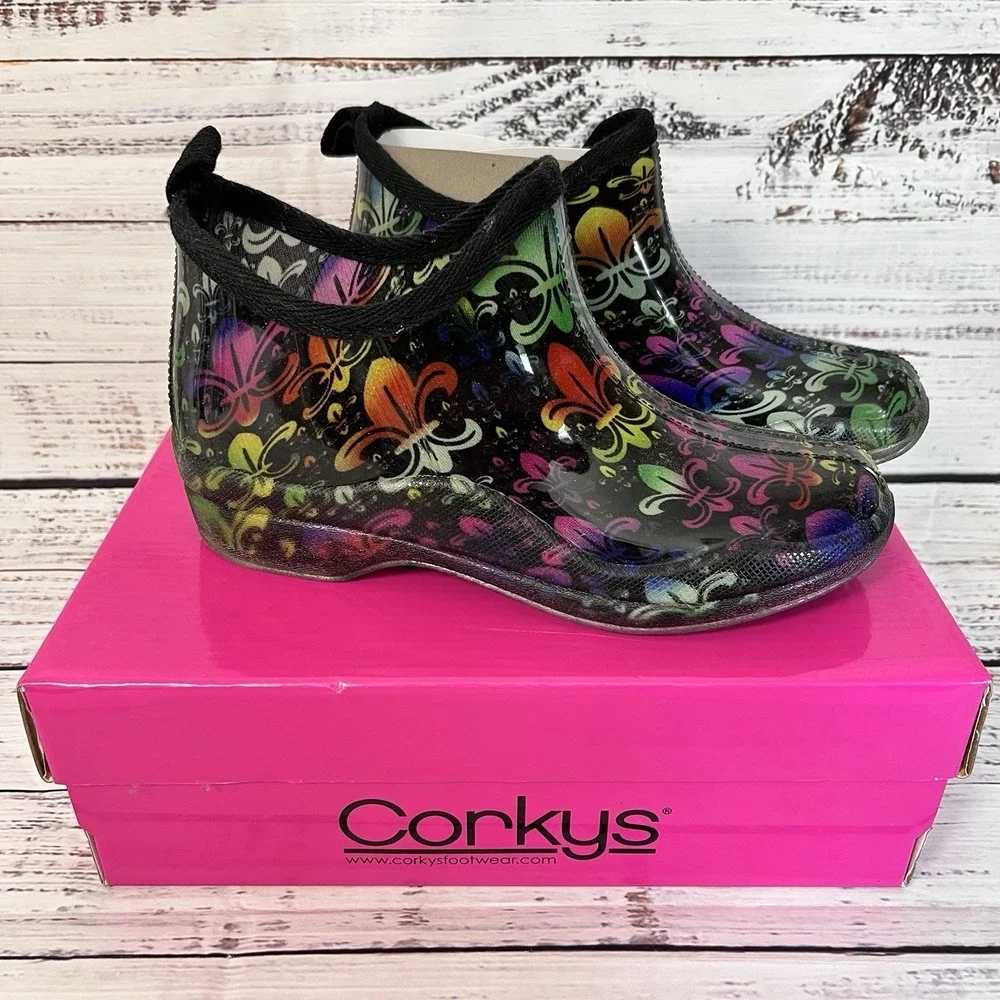 Corky's Stormy Rain Bootie Women's 7 Fleur-De-Lis Garden House Shoes Comfort